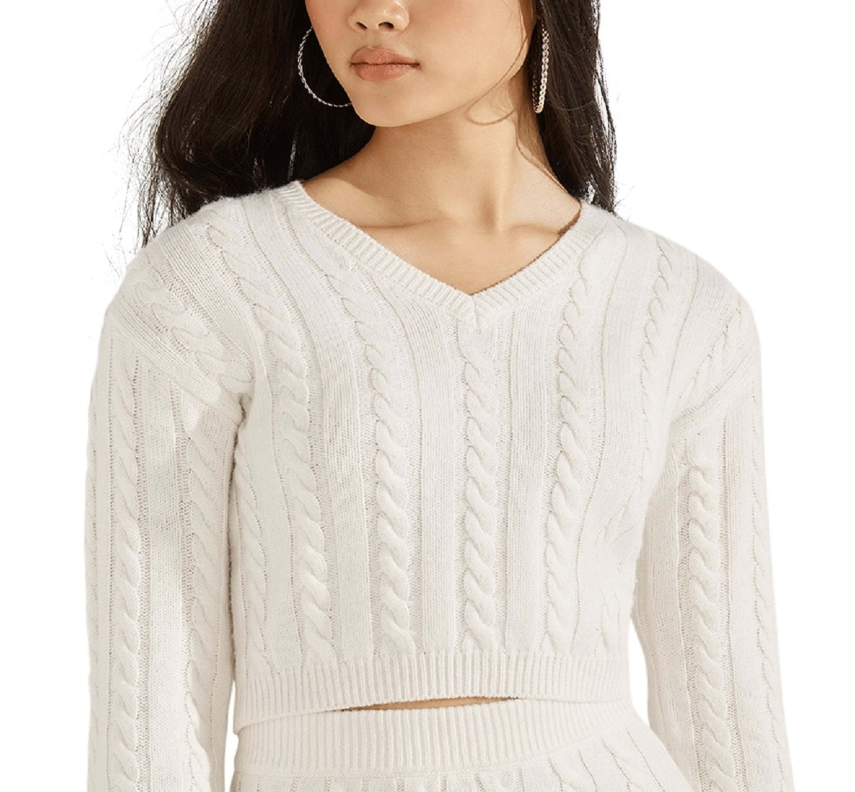 GUESS Women's Dora Cable Knit Crop Sweater White Size X-Small
