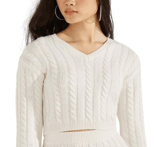GUESS Women's Dora Cable Knit Crop Sweater White Size X-Small