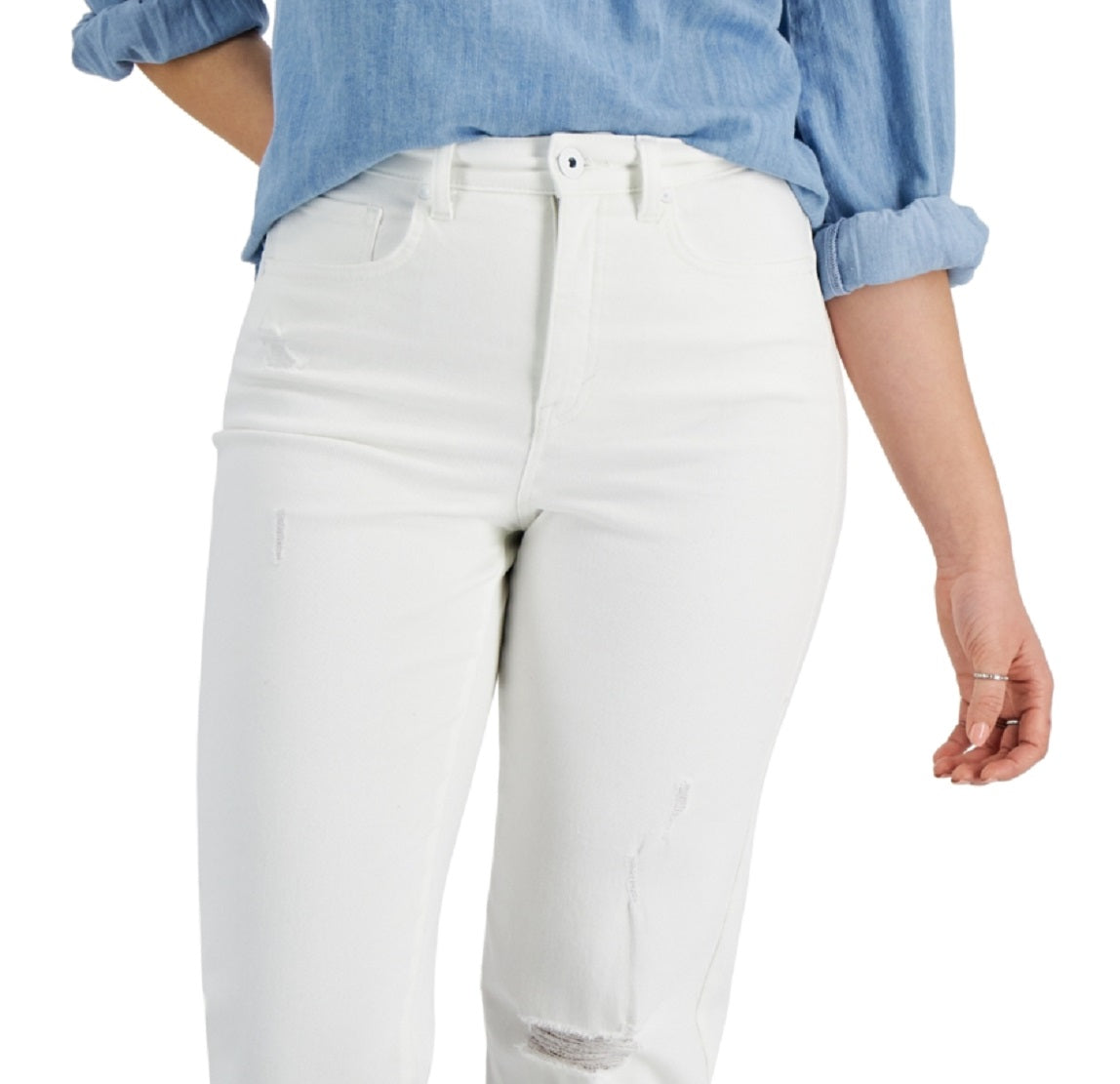 Style & Co Women's Destructed Straight Leg Mom Jeans White Size 14