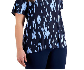 Alfani Women's Printed V Neck T-Shirt Blue Size 0X