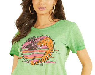 GUESS Women's Desert Tiger Graphic Print T-Shirt Green Size X-Large