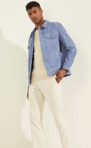 GUESS Men's Suede Leather Trucker Jacket Blue Size Small
