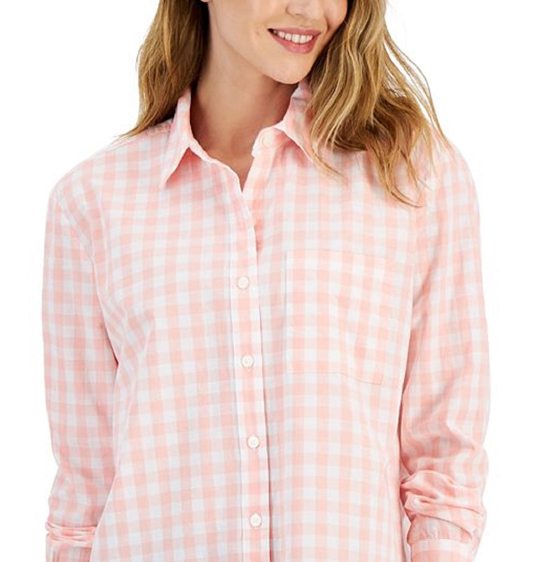 Style & Co Women's Cotton Gingham Boyfriend Shirt Pink Size Petite Small