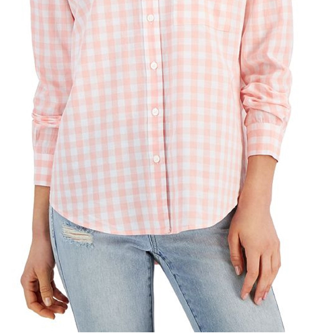 Style & Co Women's Cotton Gingham Boyfriend Shirt Pink Size Petite Small