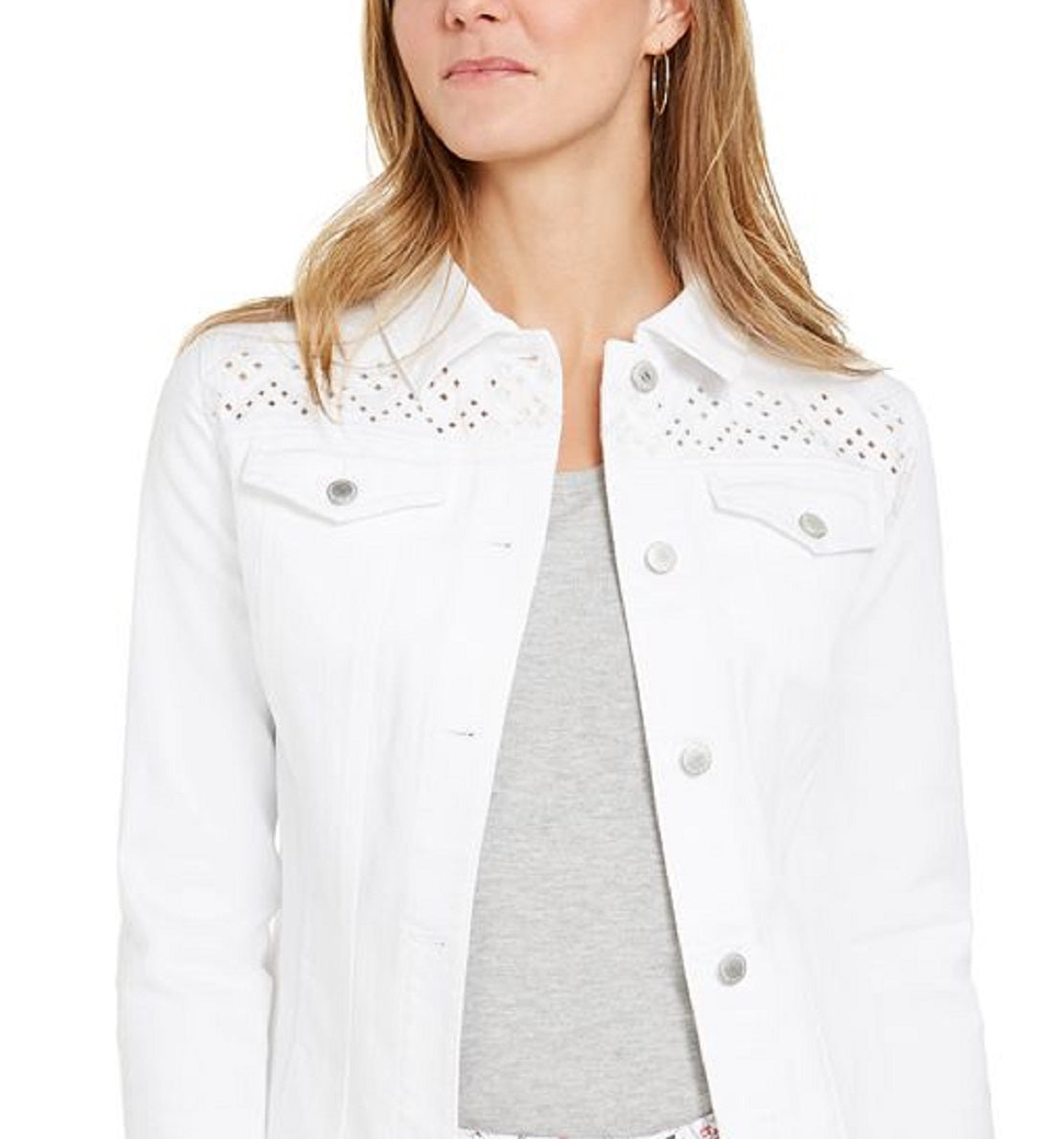 Charter Club Women's Eyelet Jean Jacket White Size Petite Large
