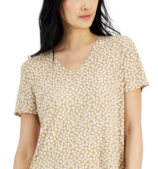 Alfani Women's Printed V Neck T-Shirt Brown Size X-Large