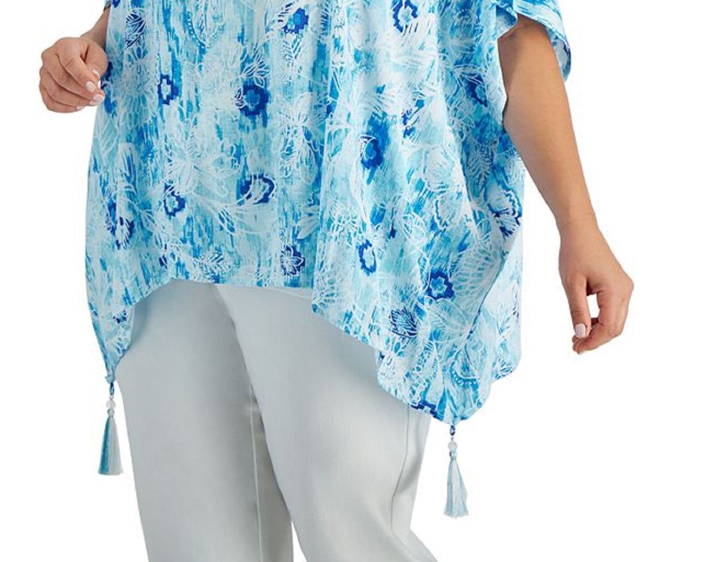 JM Collection Women's Printed Gauze Poncho Top Blue Size 0X
