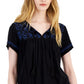 Style & Co Women's Embroidered Split Neckline Top Black Size Small