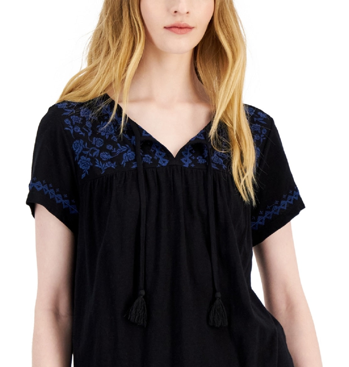 Style & Co Women's Embroidered Split Neckline Top Black Size Small
