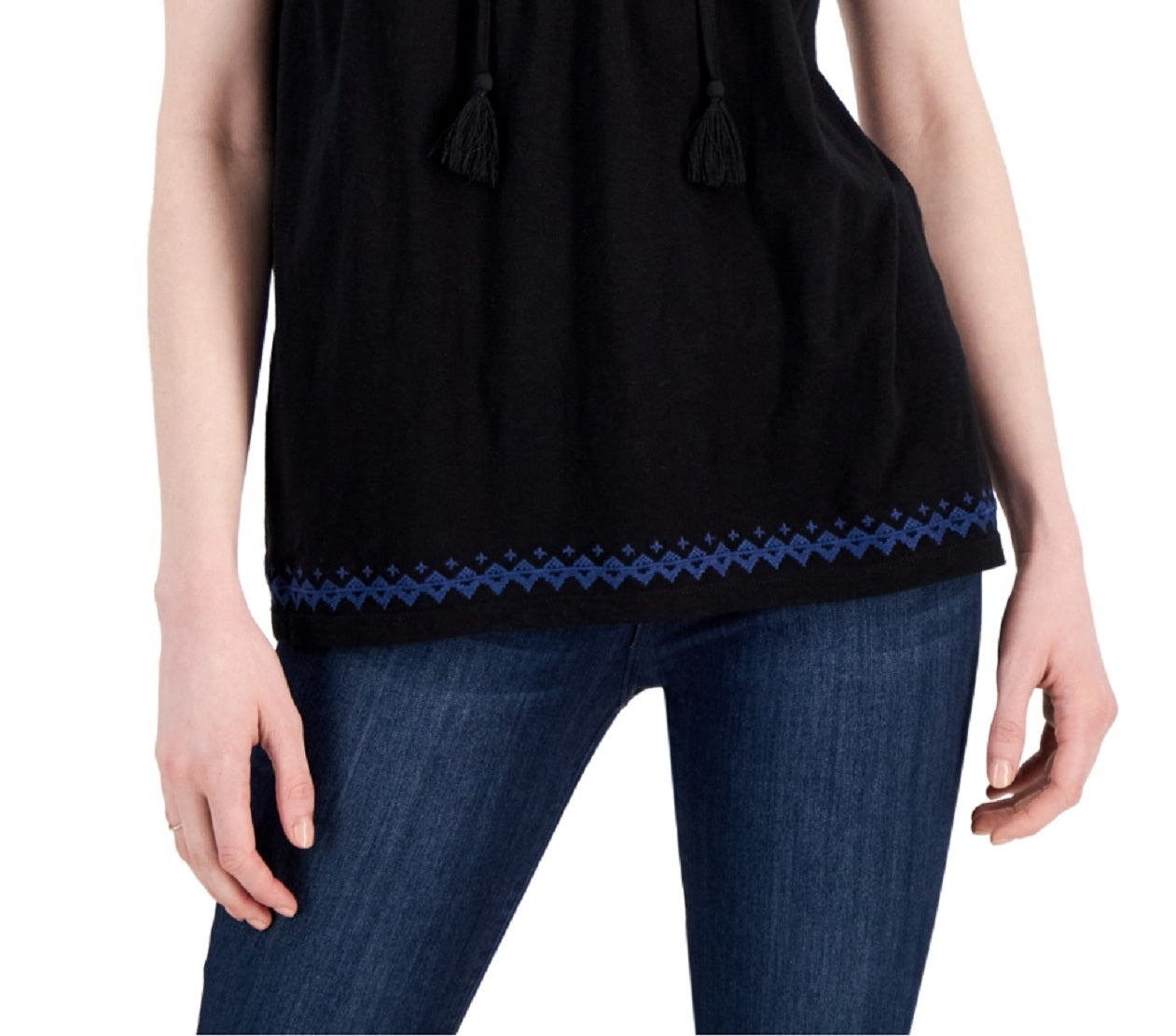 Style & Co Women's Embroidered Split Neckline Top Black Size Small