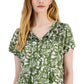 Style & Co Women's Printed Embroidered Tassel Tie Top Green Size Medium