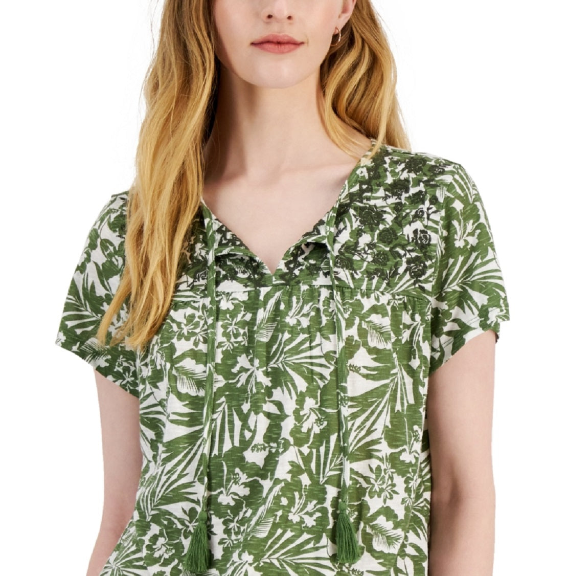 Style & Co Women's Printed Embroidered Tassel Tie Top Green Size Medium