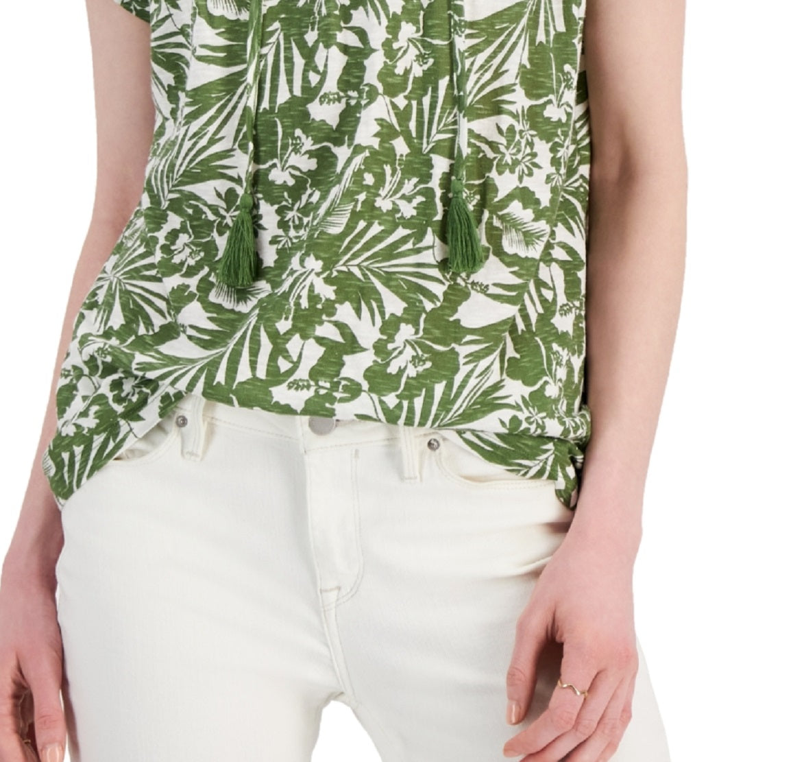 Style & Co Women's Printed Embroidered Tassel Tie Top Green Size Medium