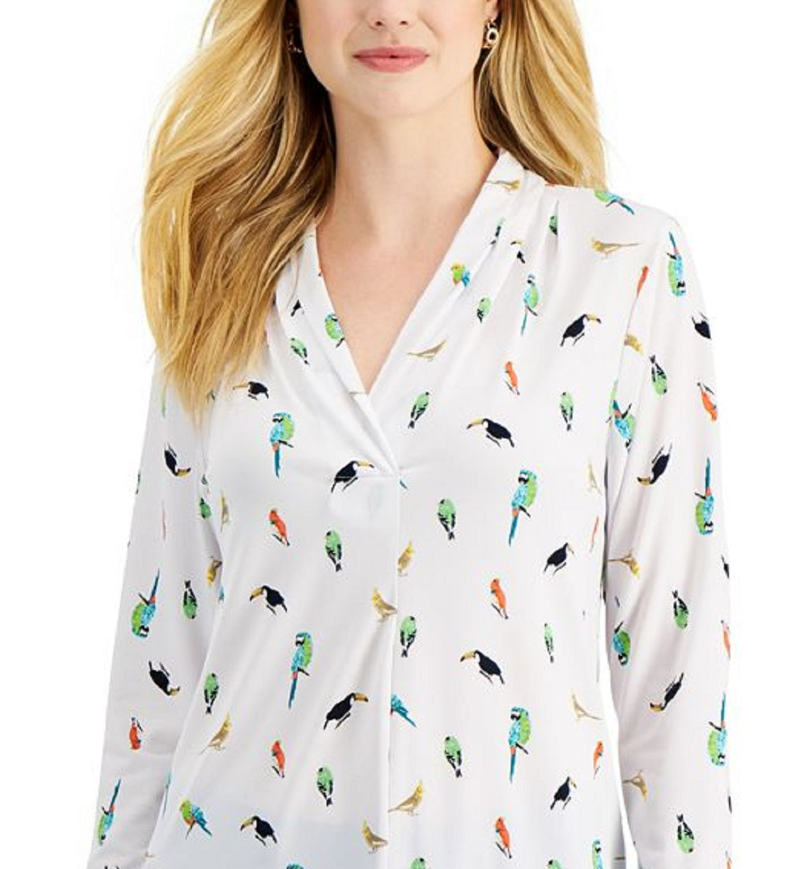 Charter Club Women's Jungle Bird Blouse White Size Petite Small