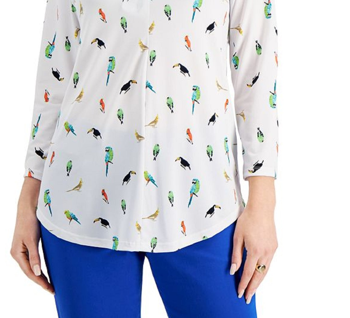 Charter Club Women's Jungle Bird Blouse White Size Petite Small