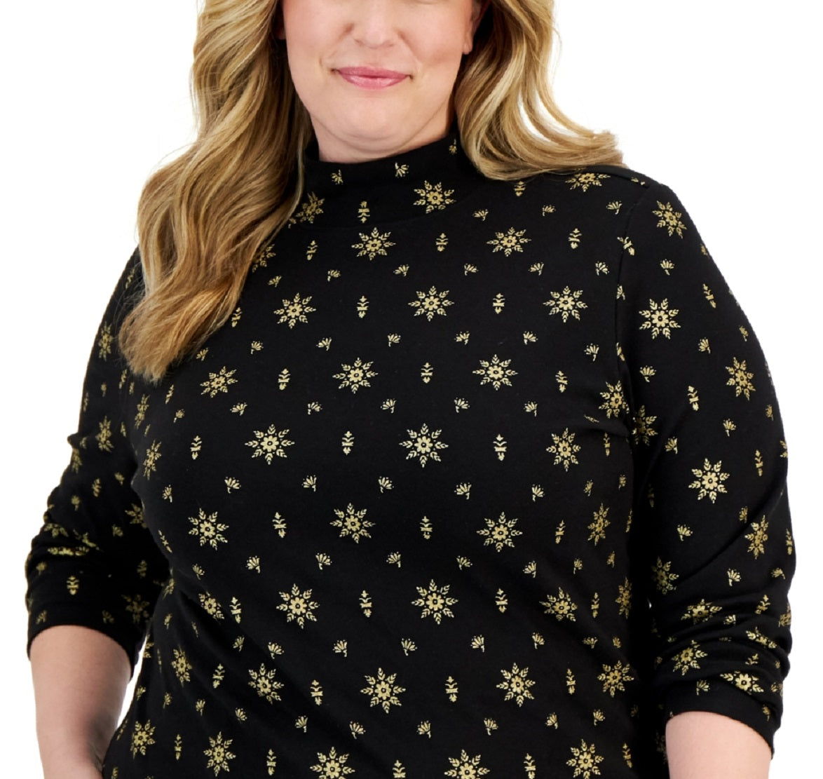 Karen Scott Women's Holiday Printed Mock Neck Top Black Size 0X