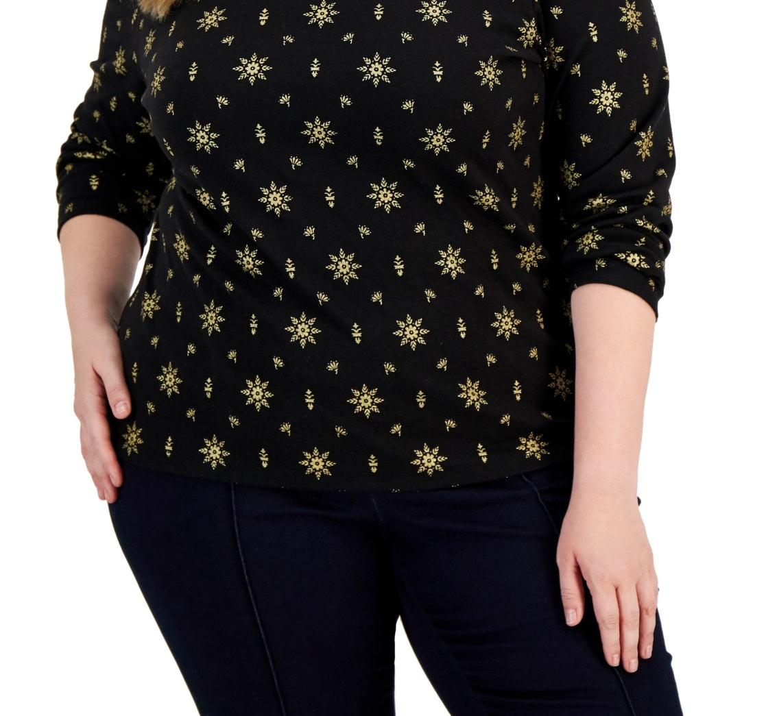 Karen Scott Women's Holiday Printed Mock Neck Top Black Size 0X