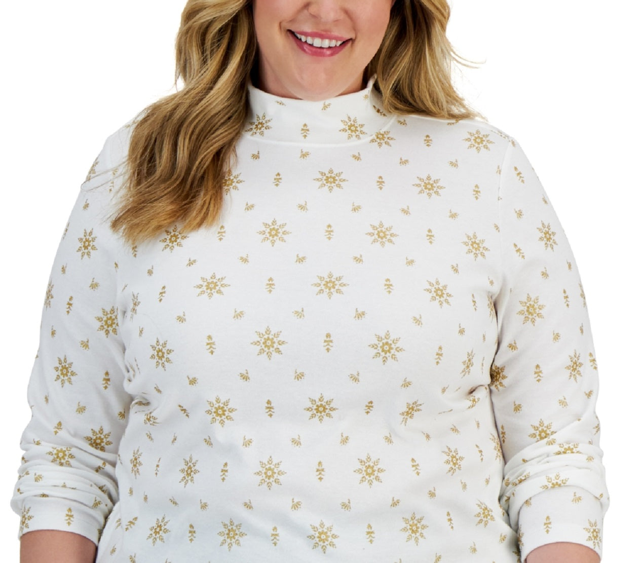 Karen Scott Women's Holiday Printed Mock Neck Top White Size 1X