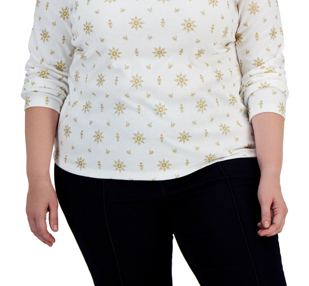 Karen Scott Women's Holiday Printed Mock Neck Top White Size 1X