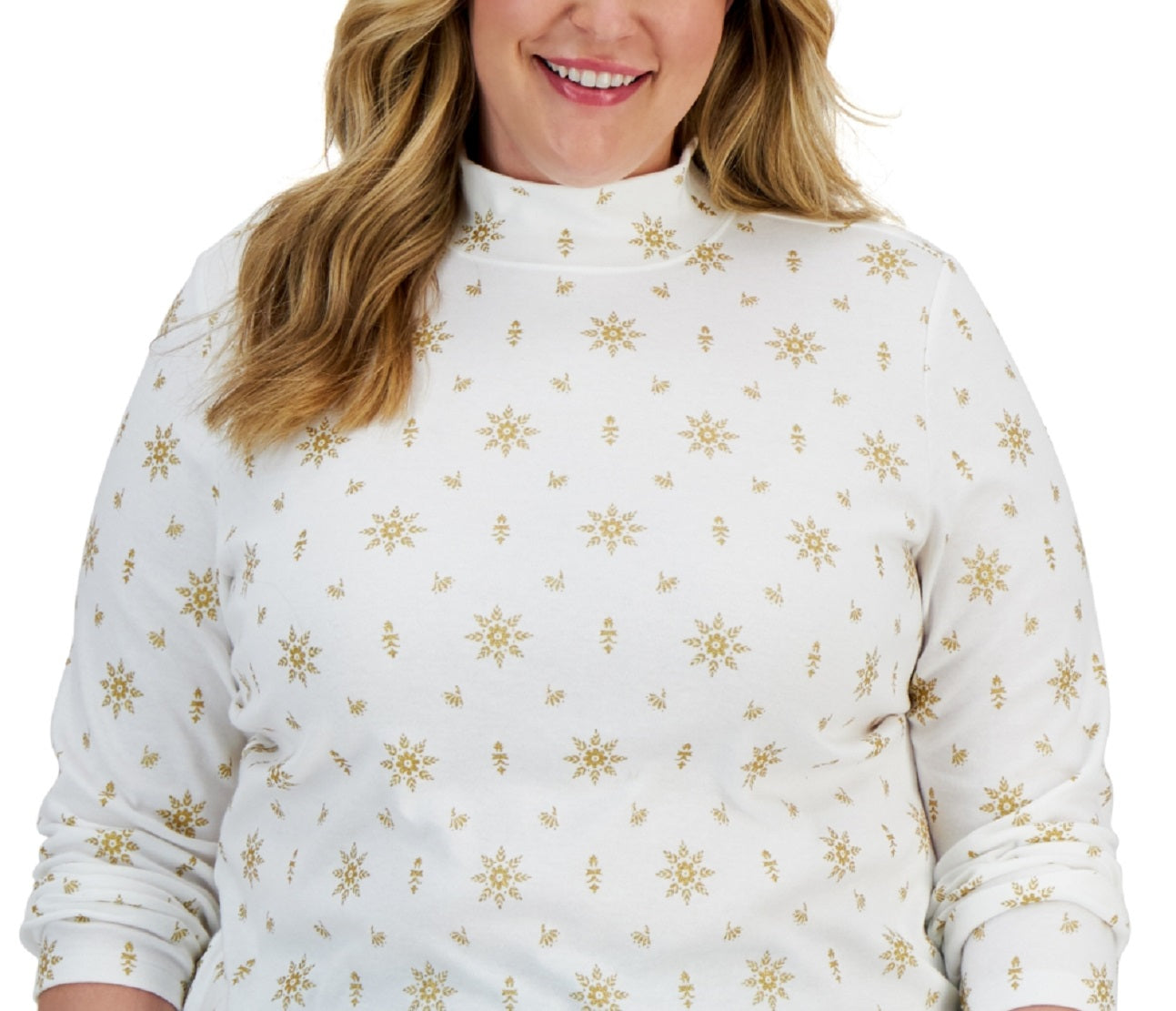 Karen Scott Women's Holiday Printed Mock Neck Top White Size 2X