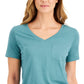 Style & Co Women's Cotton V Neck T-Shirt Green Size Petite Small
