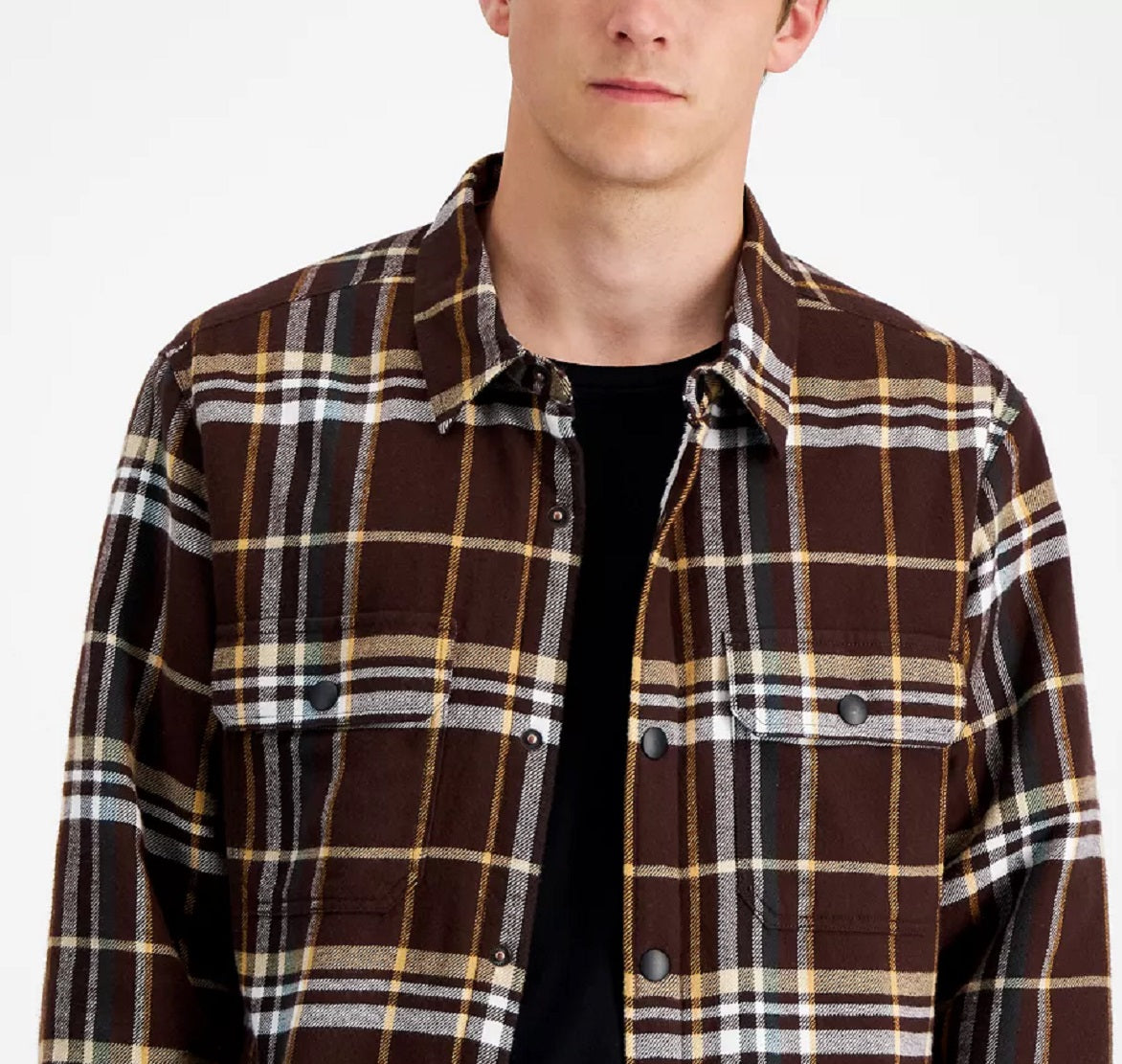 Sun + Stone Men's Randy Flannel Shirt Jacket Brown Size Medium