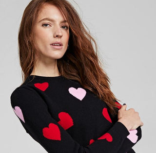 Charter Club Women's 100% Cashmere Heart Print Sweater Black Size X-Large