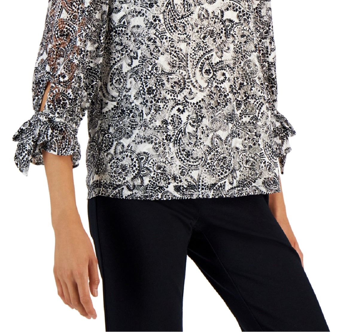 Charter Club Women's Paisley Print Lace Top Black Size Medium