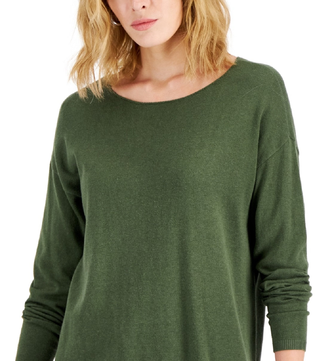 INC International Concepts Women's Step Hem Long Sleeve Boatneck Sweater Green Size Medium