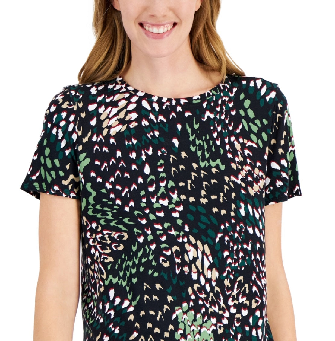 Alfani Women's Printed Step Hem T-Shirt Green Size Petite Medium