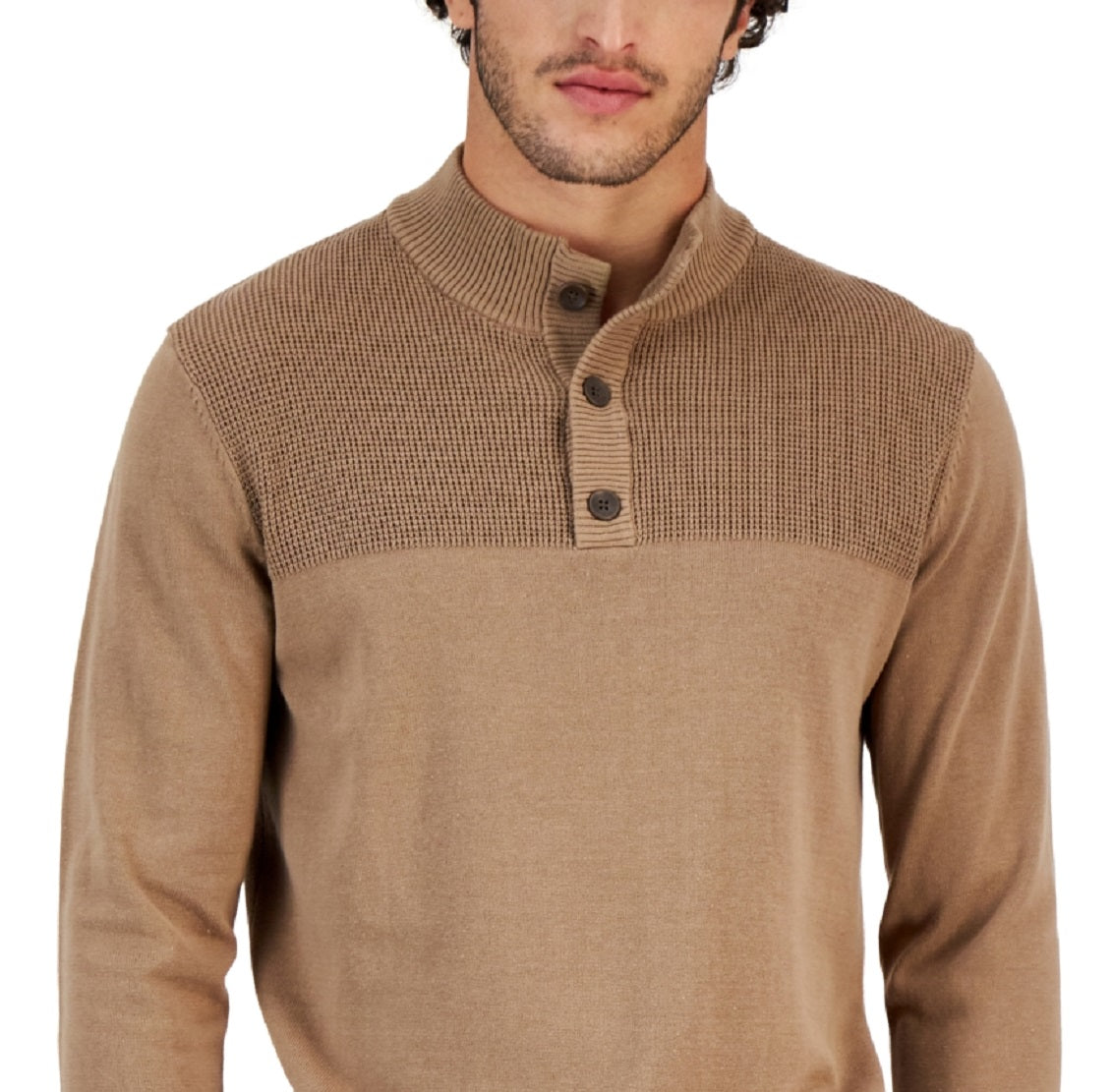 Club Room Men's Button Mock Neck Sweater Brown Size Medium