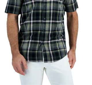 Alfani Men's Short Sleeve Panama Plaid Textured Shirt Green Size Medium