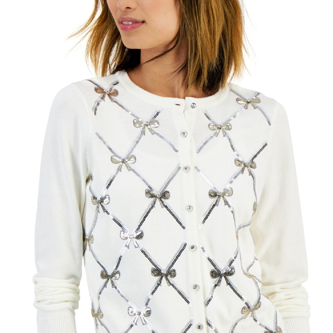Charter Club Women's Sequined Bow Cardigan White Size Small