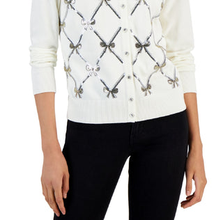 Charter Club Women's Sequined Bow Cardigan White Size Small