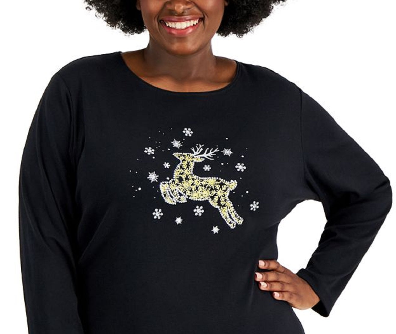 Karen Scott Women's Embellished Reindeer Graphic Top Black Size 0X