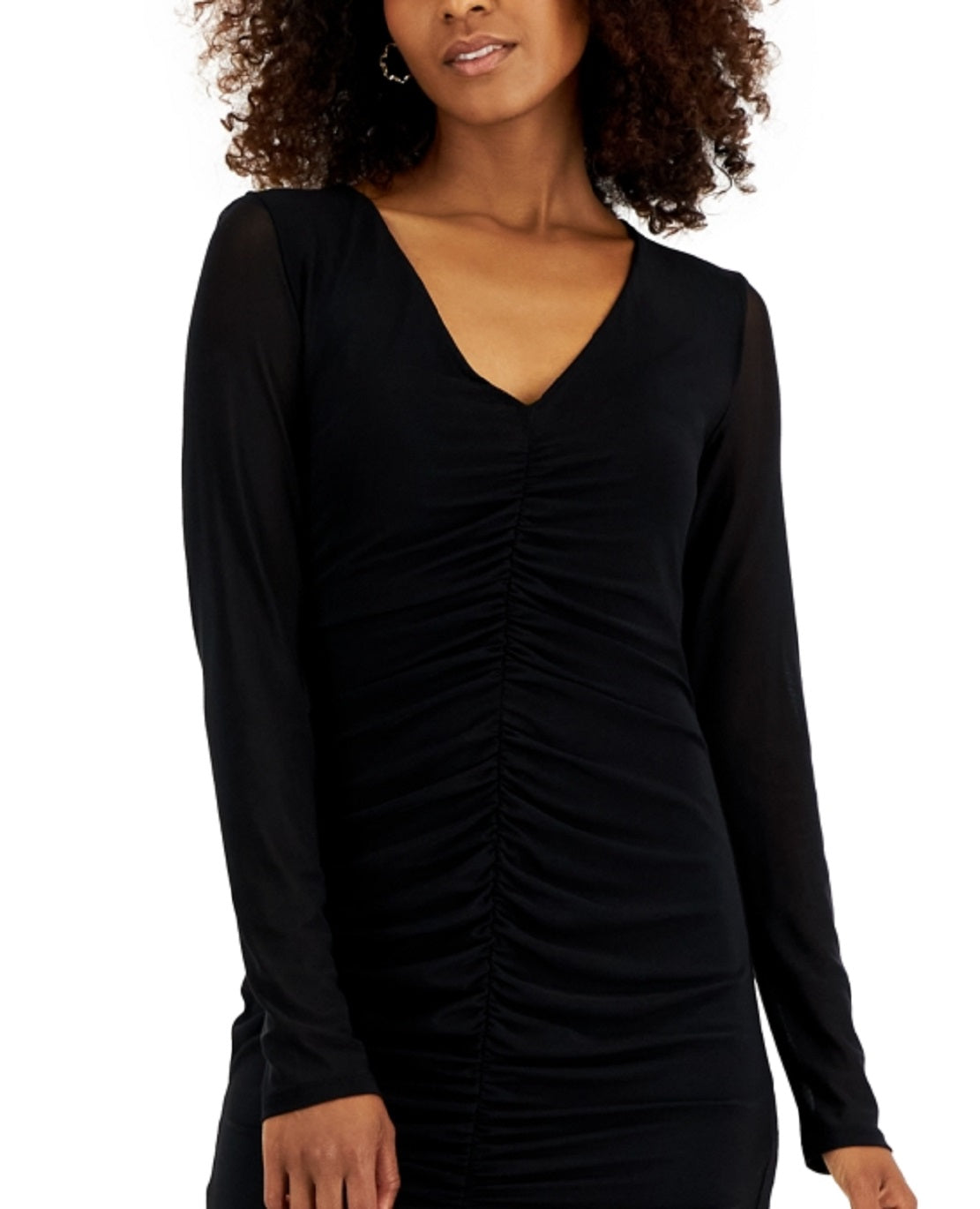 INC International Concepts Women's V Neck Ruched Mesh Dress Black Size X-Small