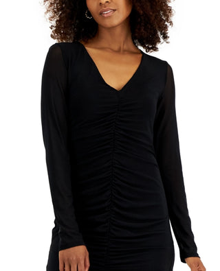 INC International Concepts Women's V Neck Ruched Mesh Dress Black Size X-Small