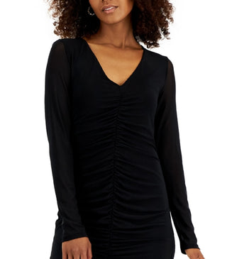 INC International Concepts Women's V Neck Ruched Mesh Dress Black Size Medium