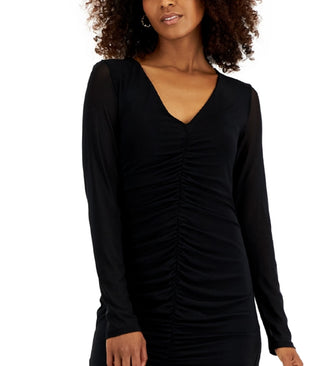 INC International Concepts Women's V Neck Ruched Mesh Dress Black Size X-Large