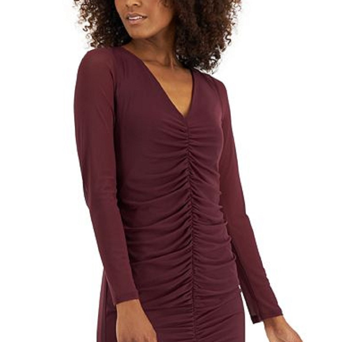 INC International Concepts Women's V Neck Ruched Mesh Dress Red Size Large