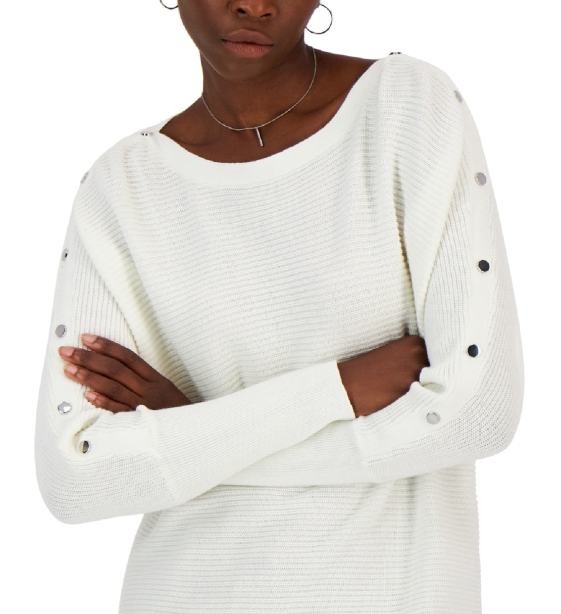 INC International Concepts Women's Button Trim Boat Neck Sweater White Size Small