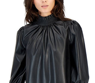 INC International Concepts Women's Faux Leather Smocked Neck Top Black Size Medium