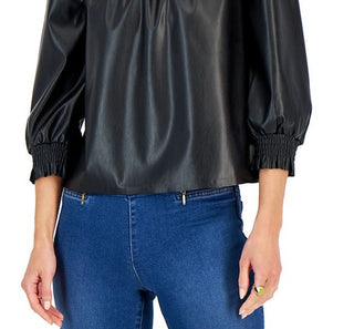 INC International Concepts Women's Faux Leather Smocked Neck Top Black Size Medium