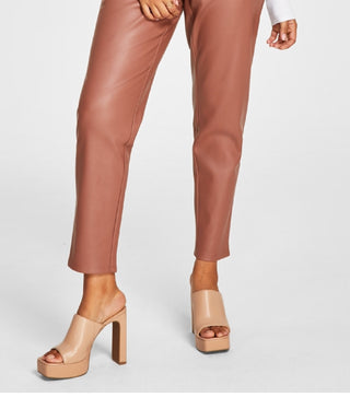 Bar III Women's Faux Leather Button Fly Ankle Pants Brown Size 4
