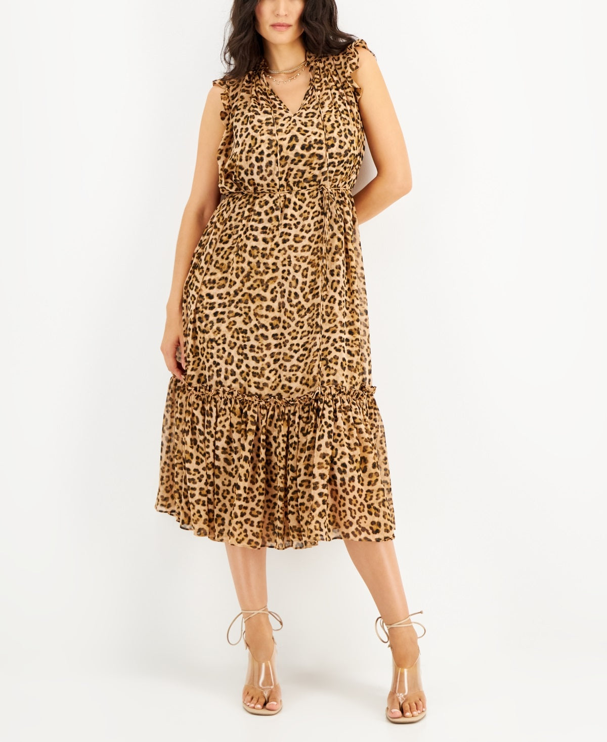 INC International Concepts Women's Cheetah Print Flutter Sleeve Dress Brown Size Large
