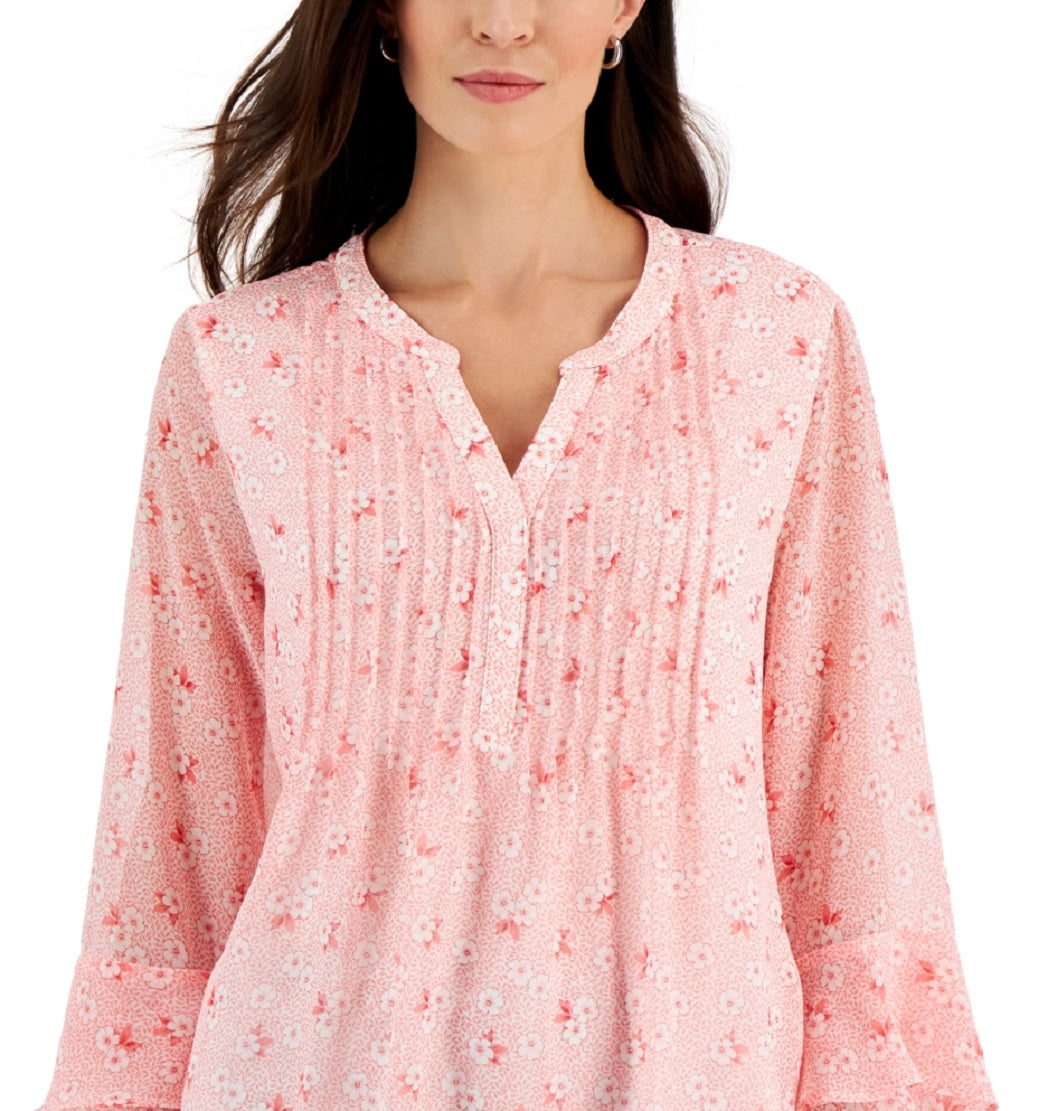 Charter Club Women's Floral Print Pintuck Top Red Size XX-Large