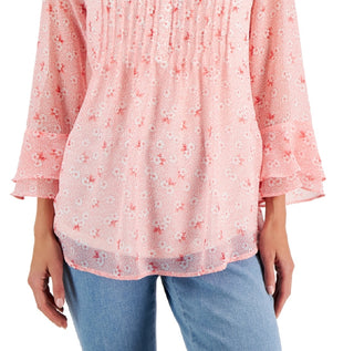 Charter Club Women's Floral Print Pintuck Top Red Size XX-Large