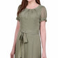 NY Collection Women's Short Sleeve Belted Swiss Dot Dress Green Size Petite Large