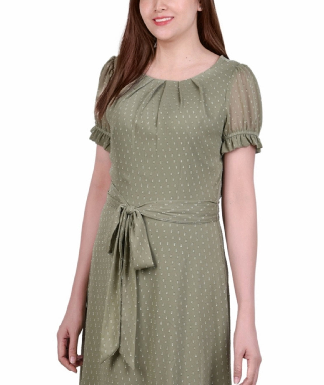 NY Collection Women's Short Sleeve Belted Swiss Dot Dress Green Size Petite Large