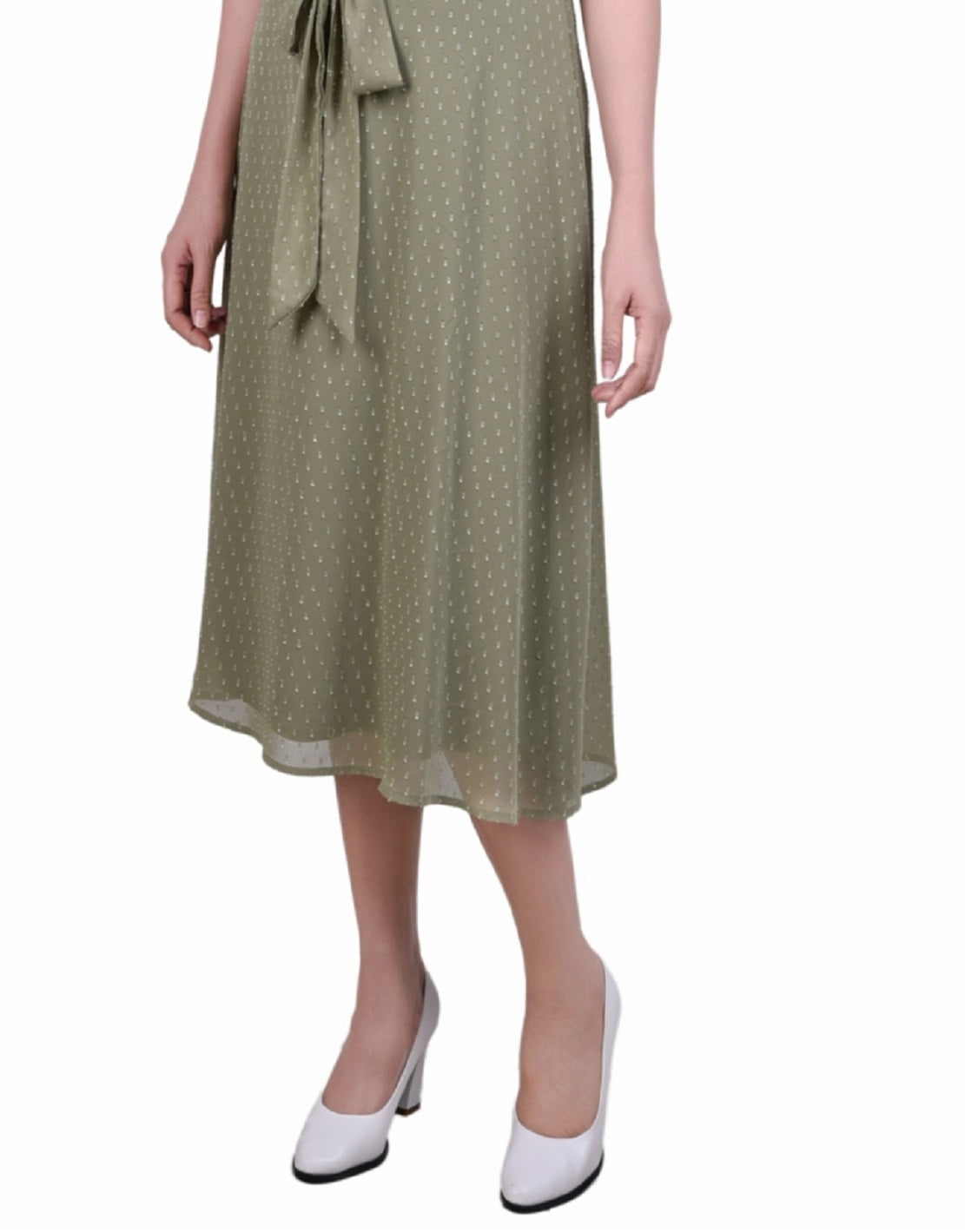 NY Collection Women's Short Sleeve Belted Swiss Dot Dress Green Size Petite Large